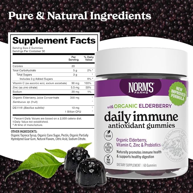 Norm's Farms Organic Elderberry Gummies - Daily Immune Support for Adults & Kids with Zinc, DE111 Probiotic, Vitamin C - Made in USA, 3rd Party Tested - Vegan, Gluten-Free, Kosher, Non-GMO, 60 Gummies