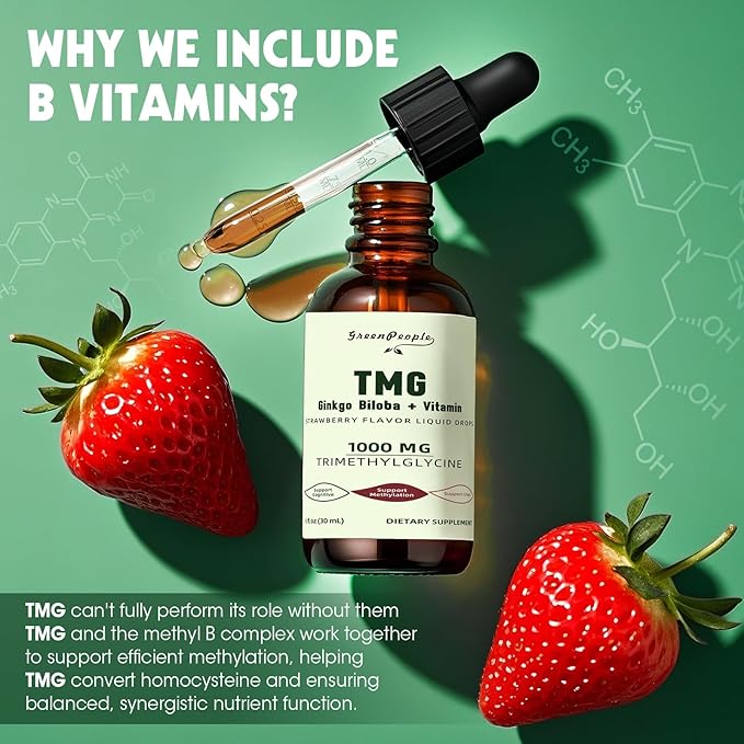 TMG Supplements 1000MG Liquid - 16-in-1 Trimethylglycine for Liver, Energy & Methylation Support - w/Ginkgo Biloba & Vitamins - Vegan High Absorption - Strawberry Flavor 1 Fl.Oz (2 Pack)