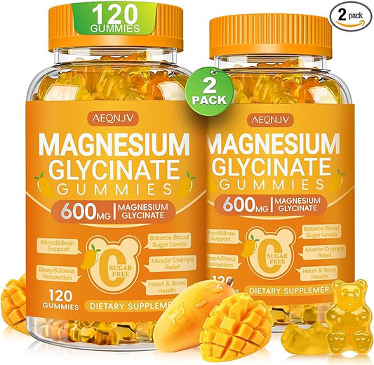Magnesium Glycinate Gummies 600mg, Chewable Sugar Free Potassium Gummies with Magnesium Glycinate, Vitamin D, B6 and CoQ10 for Sleep, Relaxation, Brain & Muscle, 2 Pack