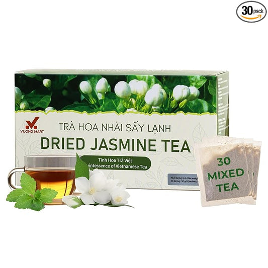 VUONGMART Dried Jasmine Buds Tea, 100% Hand Pick, Stevia, Honeyydew, Heat Pump Drying, Organic Herbal Tea, 30 Tea Bags, Gluten Free, Dairy Free, Sugar Free & Natural, Energy Boost & Health Support