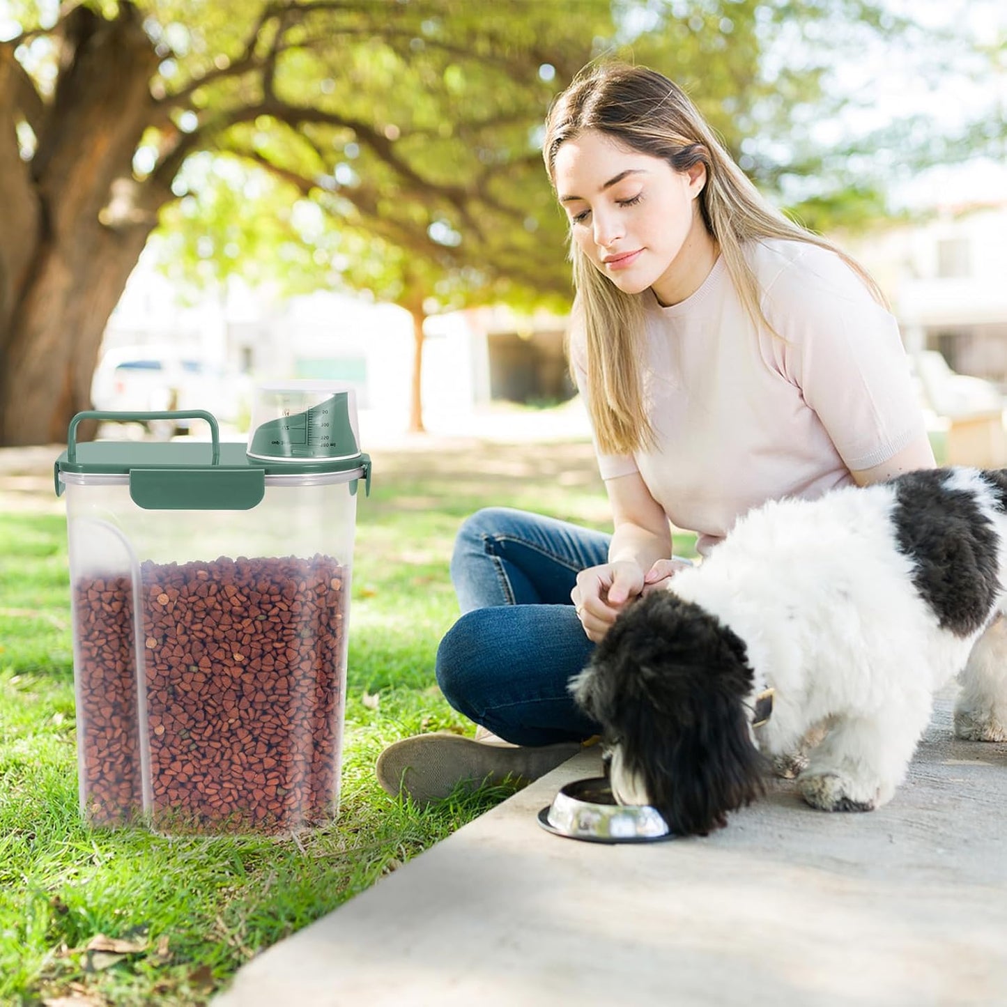 5-7lbs Cat Dog Storage Container Portable with Upgraded Large Spout and Cup, Plastic Pet Food Dispenser BPA-Free for Small Animal Kibble, Bird Seed, Oatmeal, Rice, Flour-2Pack Dark Green