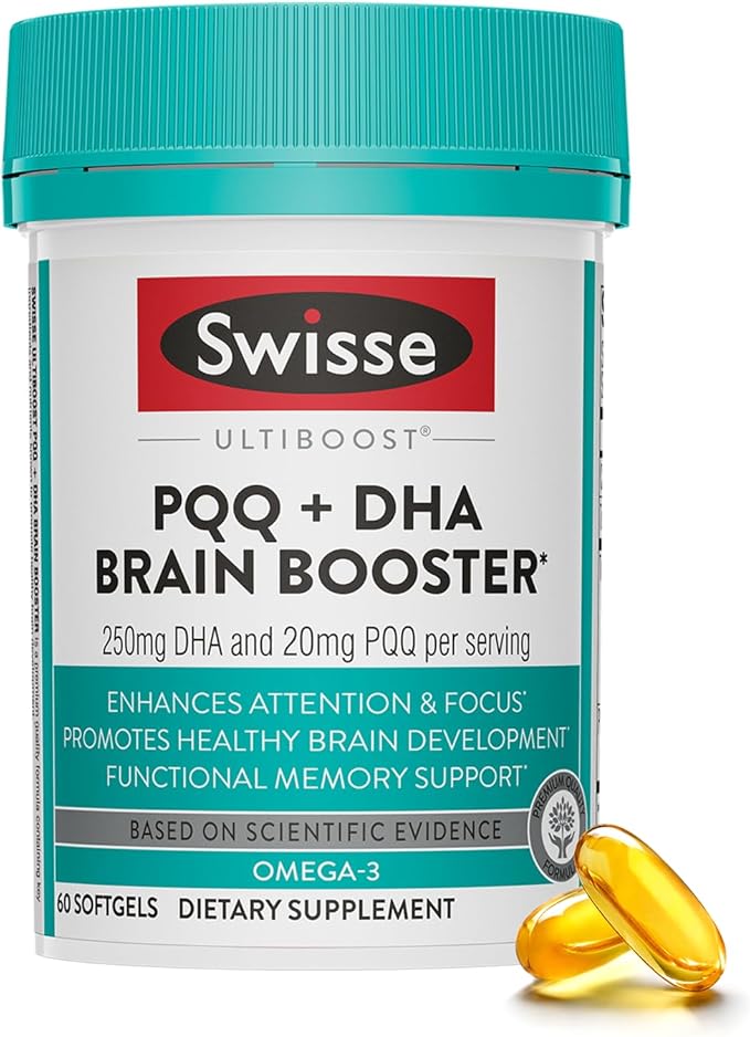 Swisse PQQ + DHA Brain Booster | Supports Brain & Heart Health | Enhances Attention & Focus | Functional Memory Support | Promotes Efficient Metabolism & Mitochondrial Health | 30 Softgels