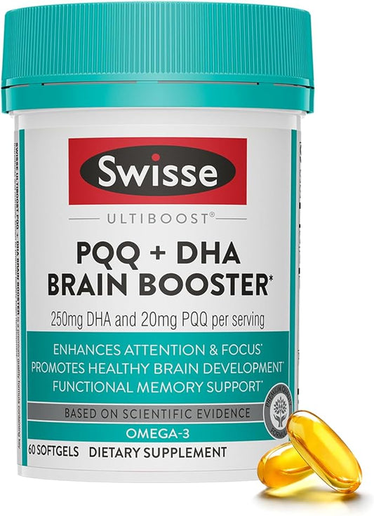 Swisse PQQ + DHA Brain Booster | Supports Brain & Heart Health | Enhances Attention & Focus | Functional Memory Support | Promotes Efficient Metabolism & Mitochondrial Health | 30 Softgels