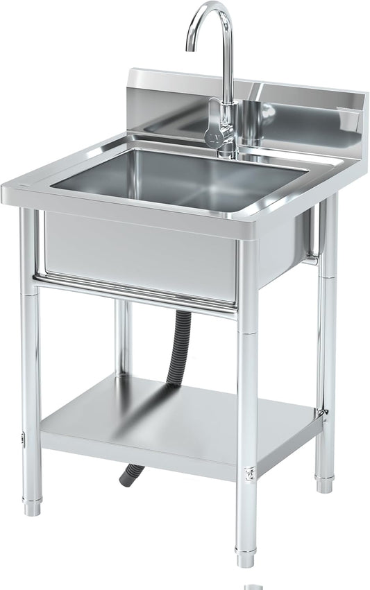 20''Stainless Steel Utility Sink with Hot/Cold Water Plumbing & Shelf for Kitchen, Bathroom, Laundry