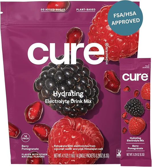 Cure Hydration | Plant-Based Electrolyte Drink Mix | No Added Sugar | Dehydration Relief Powder Made with Coconut Water | Non-GMO | Vegan | Pouch of 14 Packets - Berry Pomegranate