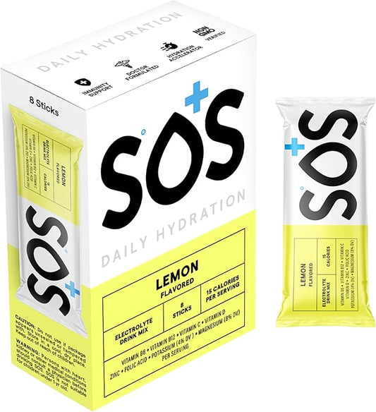 SOS Hydration Electrolyte Powder 8 Stick Packs – Low-Calorie, Rapid Rehydration, Made in USA, Keto (8 Servings, Lemon)
