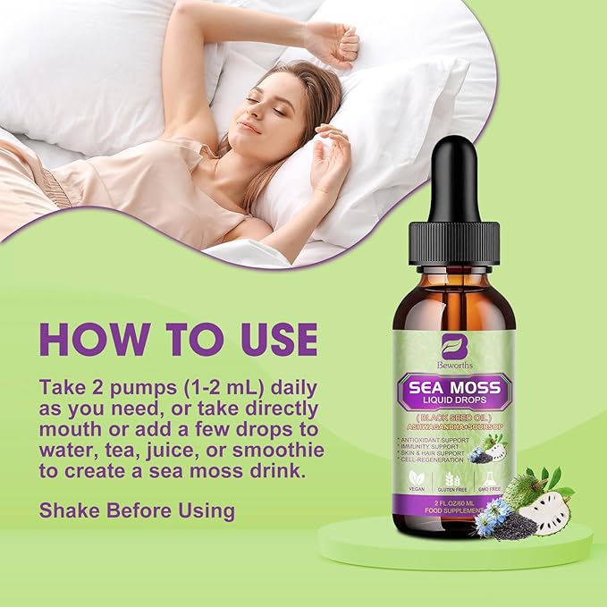 Sea Moss Liquid Drops - Irish Sea Moss & Black Seed Oil with Ashwagandha, Soursop Bitters, Elderberry, Burdock Root, Bladderwrack, Seamoss Supplement Support Antioxidant, Immune, Gut Health