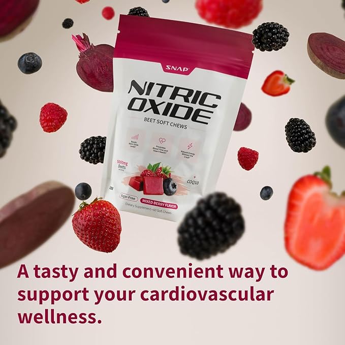 Snap Supplements USDA Organic Beet Root Powder, 3-in-1 Nitric Oxide Supplement, Support Healthy Blood Pressure and Blood Circulation, 250g (30 Servings (Pack of 1), Mixed Berry (Chews))