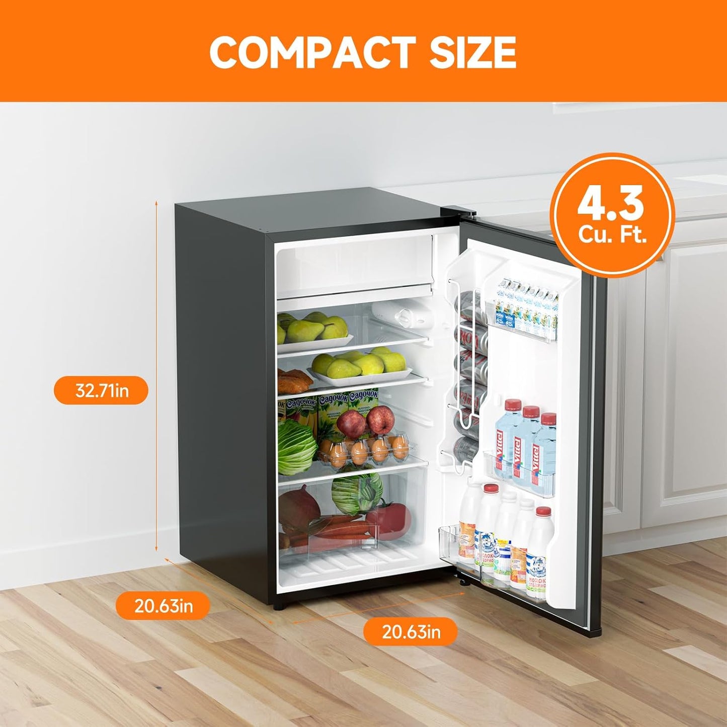 4.3 Cu.Ft Mini Fridge with Freezer, Single Door Refrigerator With 7 Settings Temperature Adjustable and 3 Removeble Shelves, Low Noise, Dorm Fridge, Mini Refrigerator for Bedroom, Office, Dorm