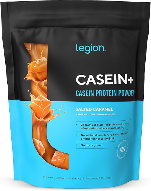 LEGION Casein+ Casein Protein Powder (Salted Caramel) - Slow-Release Micellar Casein Protein Powder - Non-GMO, Gluten-Free & Naturally Sweetened Casein Powder from Grass-Fed Cows