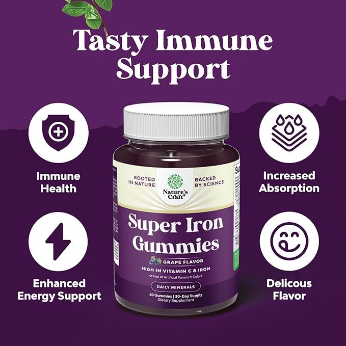 Extra Strength Iron Gummies for Women and Men - Potent 45mg per Serving Chewable Iron Supplement for Women & Men with Vitamin C Higher Absorption - Vegan Daily Gummy Adults (60 Servings)