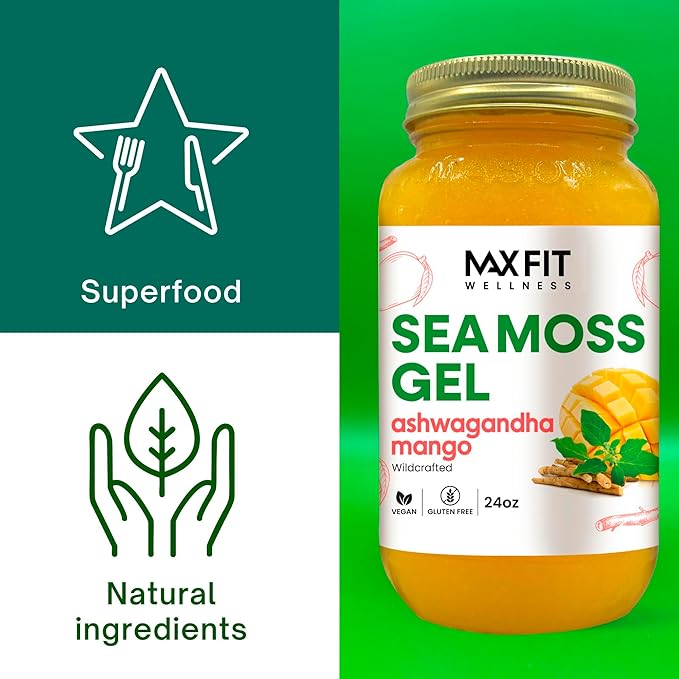Sea Moss Gel Ashwagandha Mango (25 Flavors) 24oz Wildсrafted Gold Sea Moss Gel from Saint Lucia | 92 Vitamins and Minerals | Pure Raw+Non-GMO