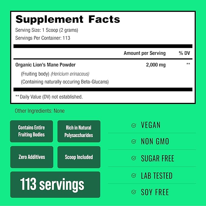 NutraChamps Organic Lions Mane Powder - 2000mg Powerful Nootropic for Memory, Focus, Immune Support - Vegan Lion’s Mane Mushroom Powder Supplement with Naturally Occurring Beta-Glucans - 8oz