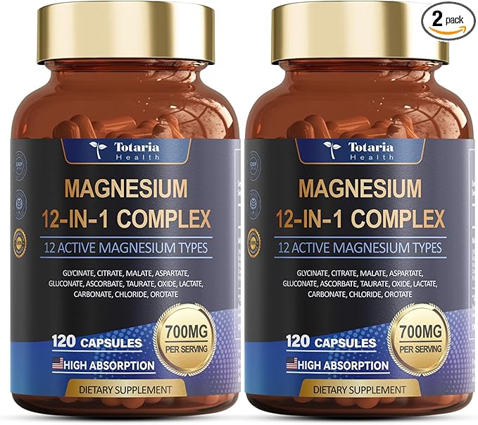 Magnesium Complex 700mg 12 in 1 Magnesium Supplement with Glycinate Citrate Malate Oxide Taurate Aspartate Orotate Magnesium Relaxation,Muscle,Heart Support, Vegan 120 Capsules