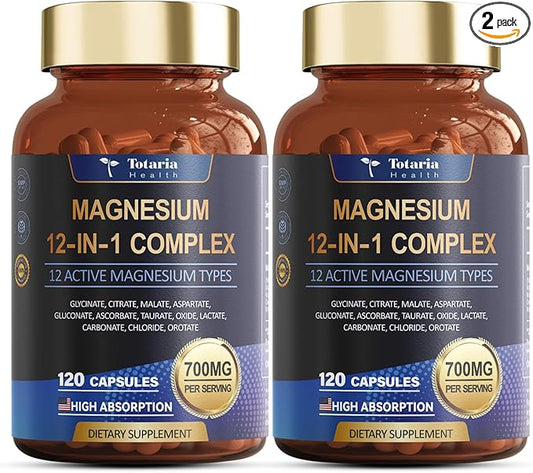 Magnesium Complex 700mg 12 in 1 Magnesium Supplement with Glycinate Citrate Malate Oxide Taurate Aspartate Orotate Magnesium Relaxation,Muscle,Heart Support, Vegan 120 Capsules