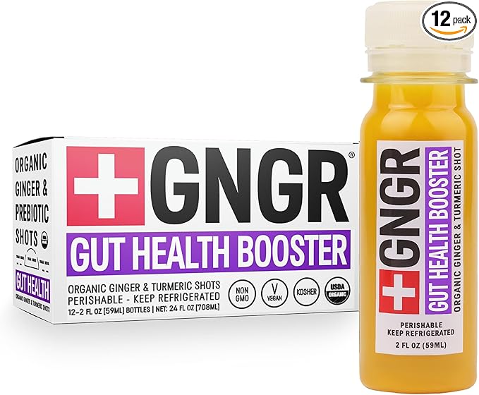'+GNGR Gut Health Booster, Ginger Shot with Apple Cider Vinegar, 7G Prebiotic Fiber, Aloe Vera, Probiotics, Dandelion Root, Turmeric Root, Immunity Shot, Colon and Liver Cleanse, 2 Oz, Pack of 12