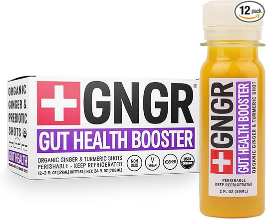 '+GNGR Gut Health Booster, Ginger Shot with Apple Cider Vinegar, 7G Prebiotic Fiber, Aloe Vera, Probiotics, Dandelion Root, Turmeric Root, Immunity Shot, Colon and Liver Cleanse, 2 Oz, Pack of 12