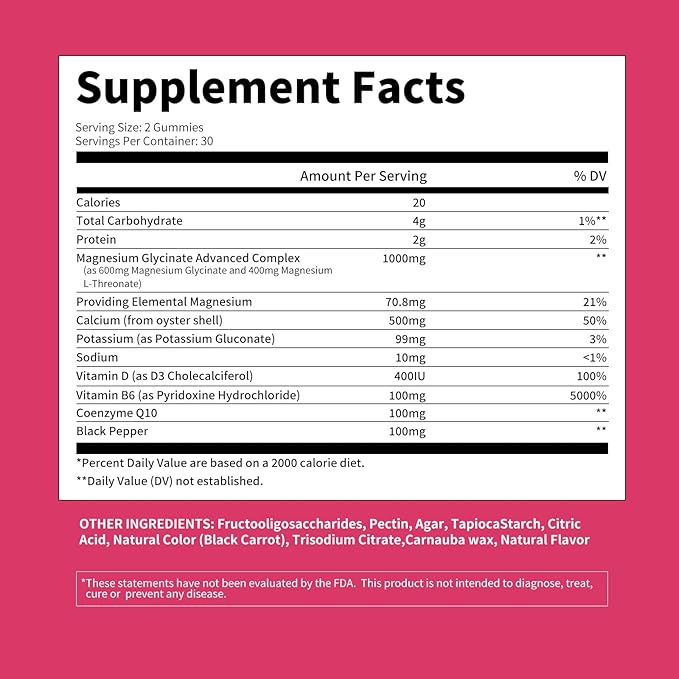 Magnesium Glycinate Gummies 1000mg - Sugar Free Magnesium Potassium Supplement with Vitamin D, B6, CoQ10 for Calm Mood & Sleep Support - 120Raspberry Gummies