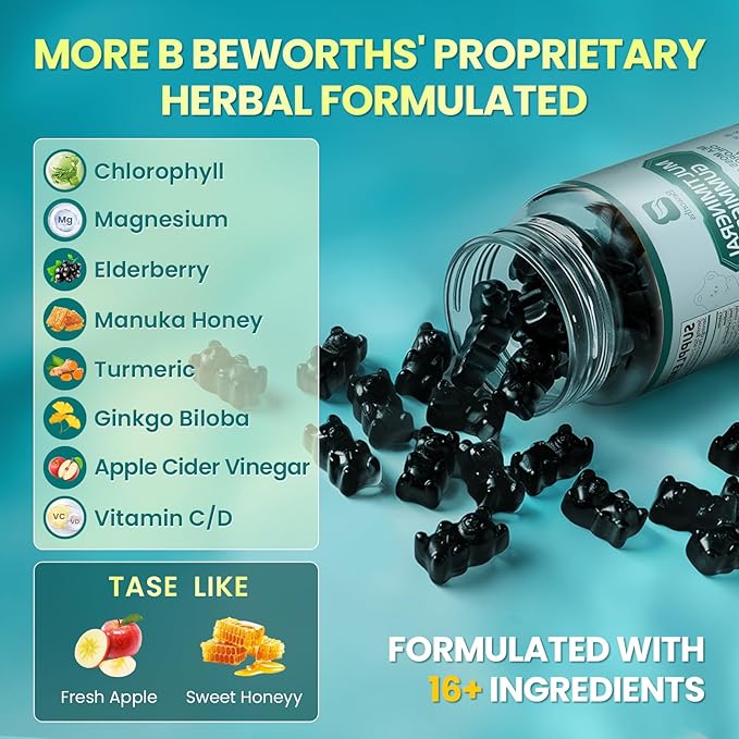 Sea Moss Black Seed Oil Ashwagandha Gummies, Irish Sea Moss Chlorophyll Gummy Supplement with Turmeric, Magnesium, Chlorophyll, Elderberry, Manuka Honey - Immune & Gut Detox Support | Vegan
