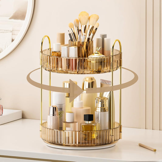 360° Rotating Makeup Organizer, Upgraded 2 Tier Skincare Perfume Organizers for Women, Bathroom Organizer Countertop, Clear Cosmetic Dresser Organizer with Makeup Brush Holder, Sink&Counter(Amber)