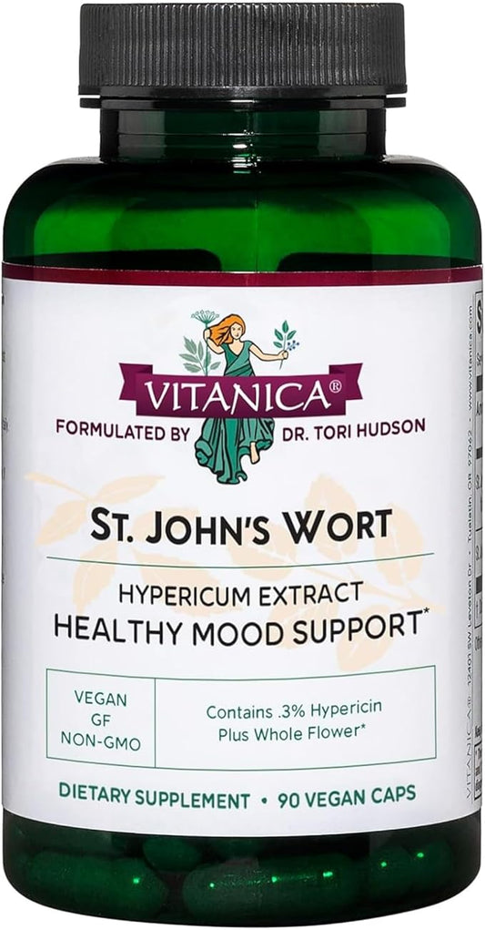 Vitanica St. John's Wort Capsules - Non-GMO Potent 0.3% (900mcg) Hypericin, Saint Johns Wort for Mood, Emotional & PMS Support, Vegan Supplement, 90 Count (St. John's Wort)
