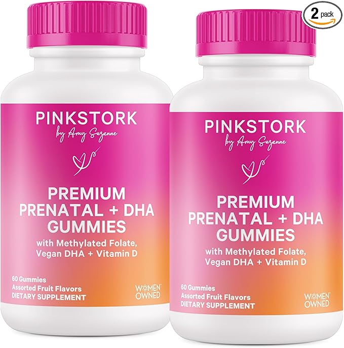 Pink Stork Premium Prenatal Gummy Vitamins with DHA, Folate, and Vitamin D - 60 Vegan Gummies - 2 Pack