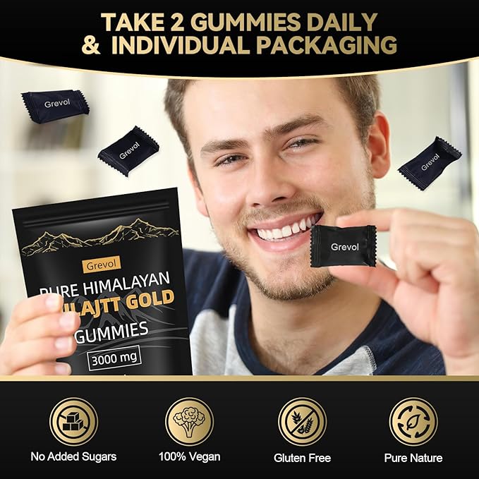 Pure Himalayan Shilajit Gummies with Ashwagandha Fulvic Acid & 85+ Trace Minerals - No Added Sugar - Individually Wrapped - 120 Gummy