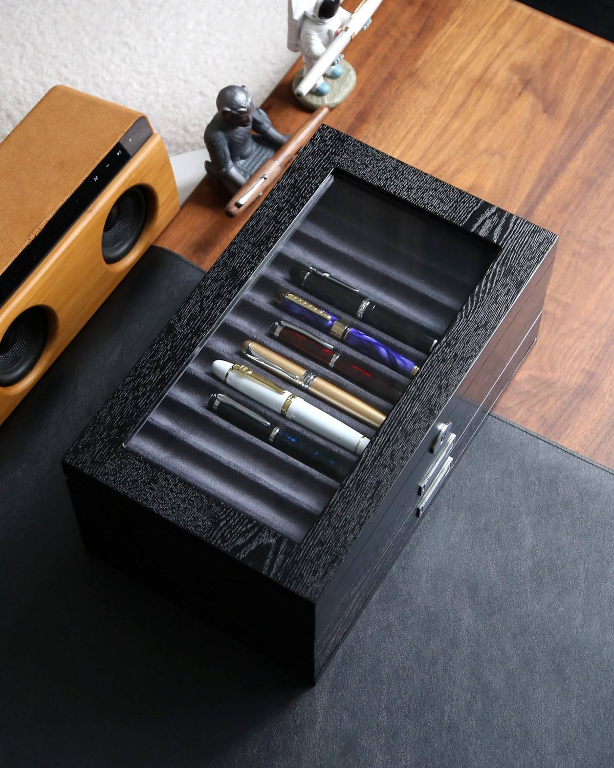 wood pen display case 36 slot Fountain pen Box storage Organizer with drawer, Top Glass Window Pen Collection Display Case