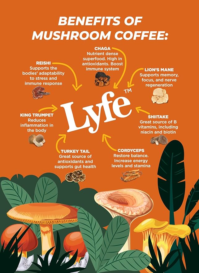 LYFE Organic Instant Decaf Mushroom Coffee – Lion’s Mane, Chaga, Cordyceps, Turkey Tail | USA Grown Adaptogenic Mushrooms for Better Energy, Focus, Gut Health, Immunity – 40 Servings