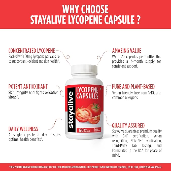 STAY ALIVE Lycopene Supplement for Men 60mg, Natural Tomato Extract Powder, 120 Capsules with 4 Months Supply, 100% Veg Lycopene Complex, Non-GMO and Gluten Free Carotenoid Supplement