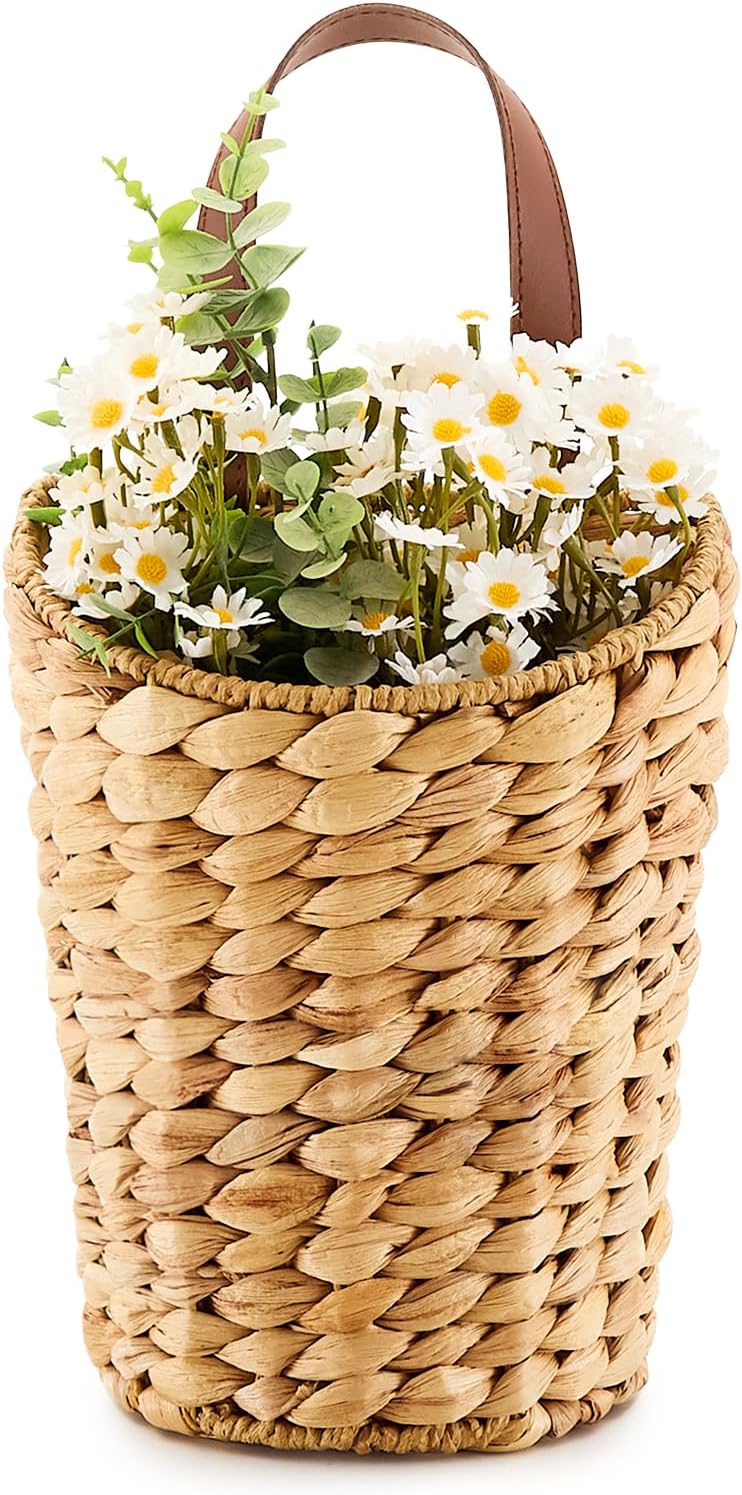 Handwoven Front Door Basket Water Hyacinth Wall Hanging Basket Decorative Boho Mounted Organizer for Dried Flower Plants Storage Basket for Garden, Home, and Farmhouse Décor