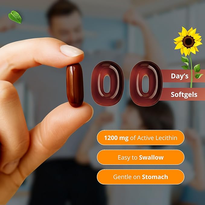 Sunflower Lecithin 1200 MG 100 Softgels, 100-Day Supply Guaranteed Pure, Non-GMO, Soy-Free, Supports Brain, Heart, Nerve, Liver Health, Cognitive Function, Healthy Cholesterol, High Absorption Formula
