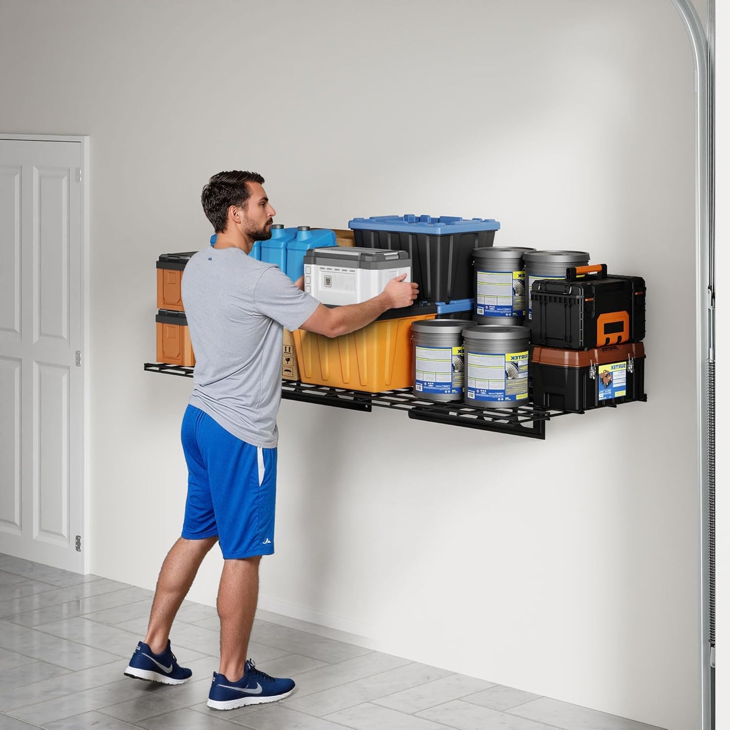 FLEXIMOUNTS 2x4ft Garage Shelving Wall-Mounted, 1-Pack Heavy-Duty Wall Shelving, Holds Up to 200 lbs, Garage Storage Rack for Organization & Storage Bins, Black, Classic Series