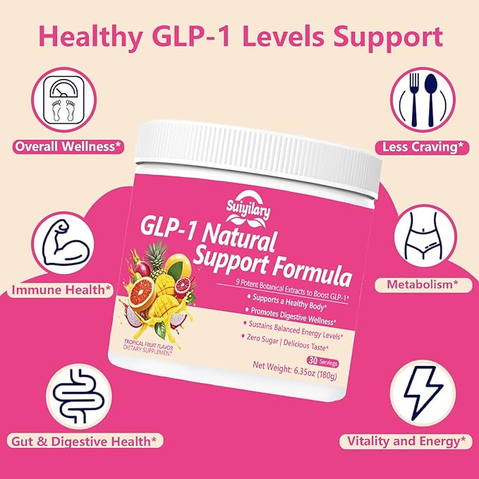 GLP-1 Booster Supplement Powder, Yerba Mate, Natural 9 Plant Extracts, Activate GLP-1 Production, Digestive Gut Healthy for Women Men, Sugar-Free Tropical Fruit Flavor, 30 Servings