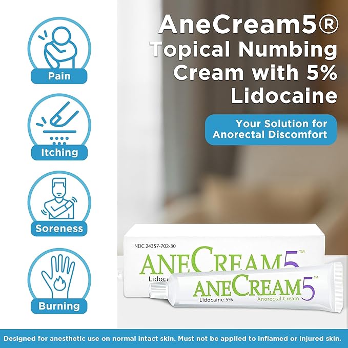 AneCream5-5% Lidocaine Numbing Cream Maximum OTC Strength, Medical Grade, Topical Anesthetic Pain Numbing Cream 30-gram Tube, Local and Anorectal Uses, Hemorrhoid Treatment