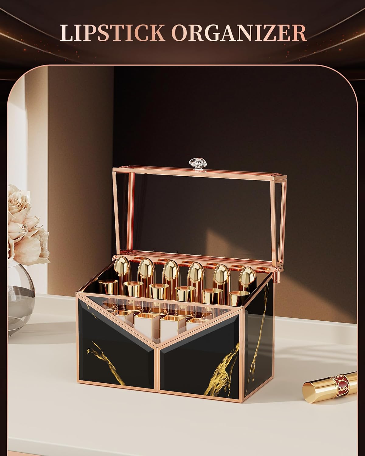 Lipstick Organizer - Black Glass Lipstick Holder & Nail Polish Organizer, 18-Slot Vanity Cosmetic Organizer with Removable Dividers,