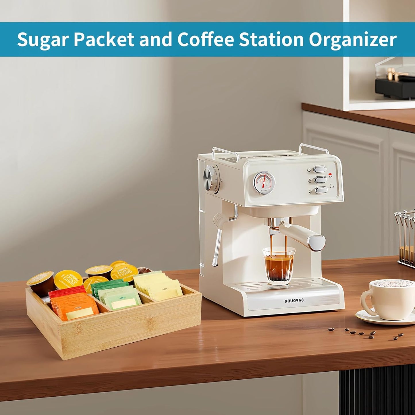 Tea Bag/Sugar Packet Holder,Coffee Station Condiment Organizer,Bamboo Tea Organizer,Large 4-Compartment Organizer Tray for Drawer/Shelf/Countertop(10.2 x 7.9 x 2.4 inch)