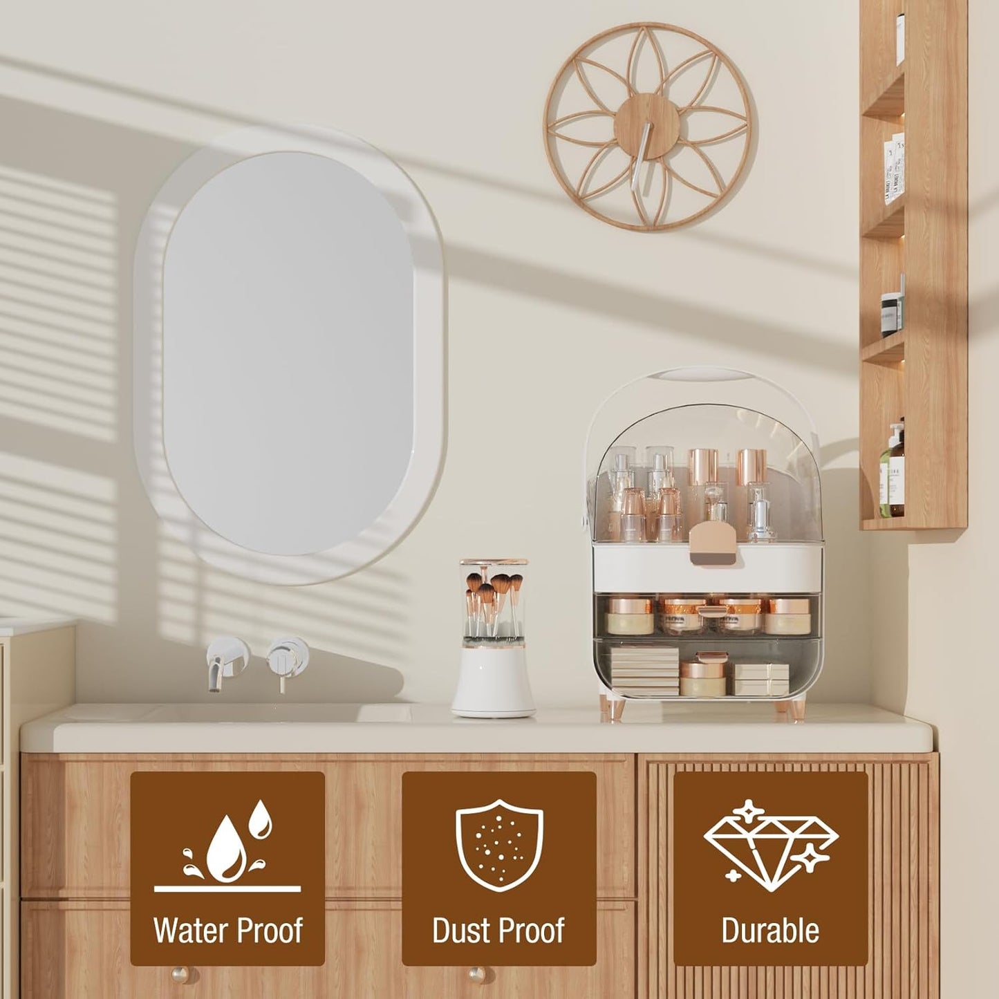 Makeup Organizer Countertop & Makeup Brush Holder with Lid 360 Rotating Clear Dustproof Skincare Holder for Vanity Bathroom Countertop, Ideal Gifts for Women, Transparent, Rose Gold