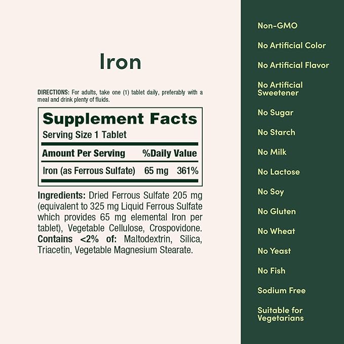 Nature’s Bounty Iron 65mg, 325 mg Ferrous Sulfate, Cellular Energy Support, Promotes Normal Red Blood Cell Production, 1 Serving Per Day, Gluten Free, 100 Vegetarian Tablets
