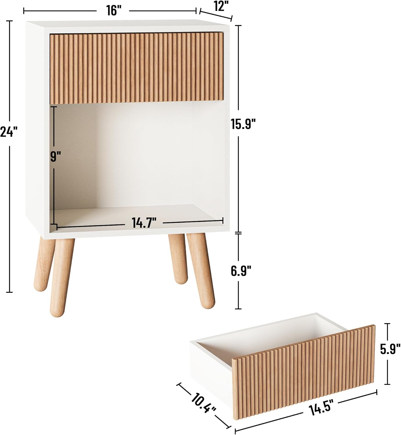 Fluted Nightstand, Modern Bedside Table with Storage Drawers and Open Wood Shelf, Night Stand with Solid Wood Legs, End Tables Side Tables for Living Room, Bedroom