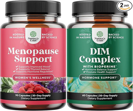 Bundle of Complete Herbal Menopause Supplement for Women for Night Sweats Mood and More with Dong Quai Vitex Chaste Berry and Black Cohosh and Extra Strength Diindolylmethane DIM Supplement - DIM Comp