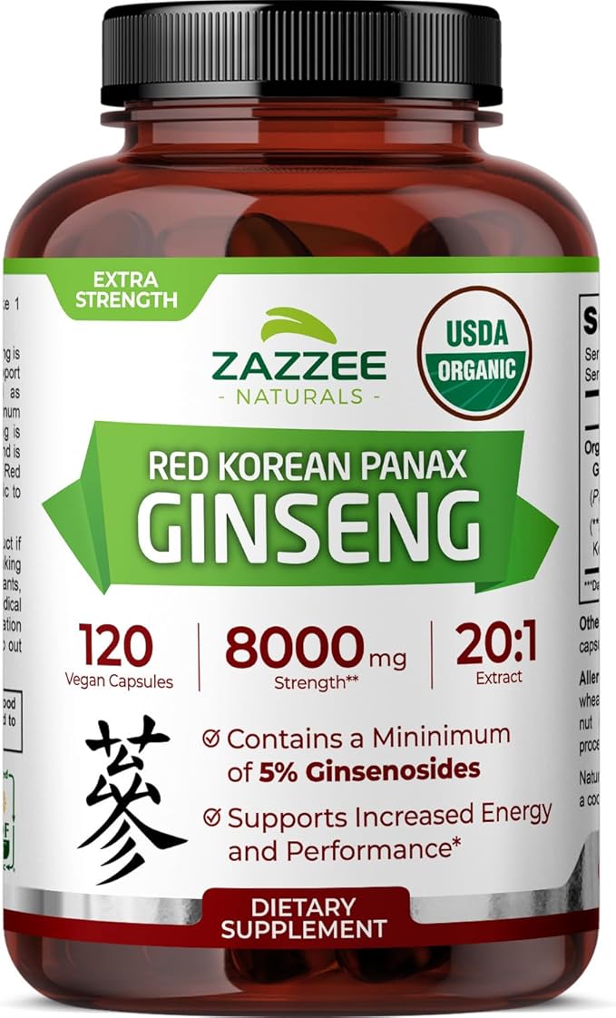 Zazzee USDA Organic Red Korean Panax Ginseng 20:1 Extract, 1000 mg, 5% Ginsenosides, 120 Vegan Capsules, Standardized and Concentrated 20X Root Extract, 100% Vegetarian, All-Natural, Made in The USA