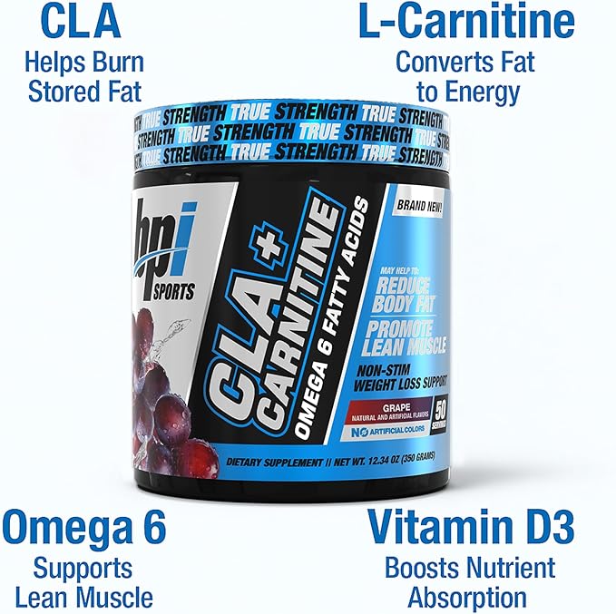 BPI Sports CLA+Carnitine – CLA L Carnitine & Linoleic Acid – L Carnitine Supplement for Weight Loss, Metabolism & Lean Muscle – Caffeine Free – Grape – 50 Servings – 12.34 oz