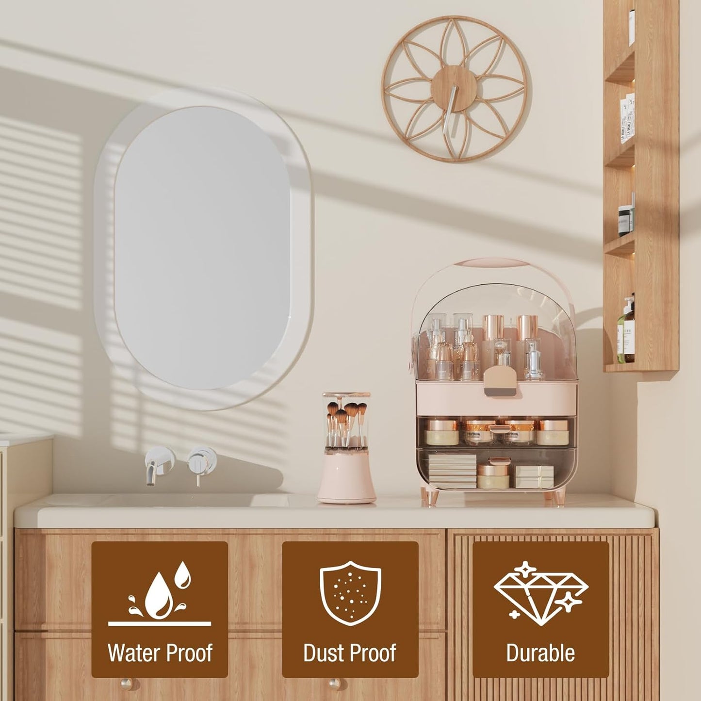 Makeup Organizer Countertop & Makeup Brush Holder with Lid 360 Rotating Clear Dustproof Skincare Holder for Vanity Bathroom Countertop, Ideal Gifts for Women, Transparent, Pink