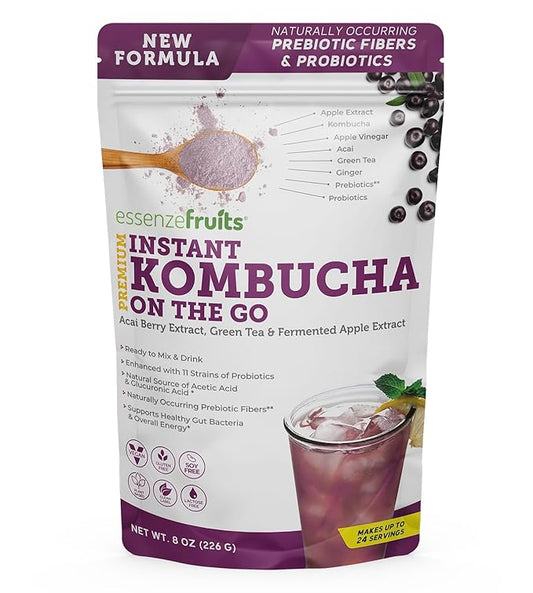 Essenzefruits Acai Kombucha Powder Tea Mix Beverage – Sugar Free, Fermented & Dried - Just Add Water! Probiotics & Prebiotics, Vitamin C - Makes up to 30 Cups (8 Oz, 226g)