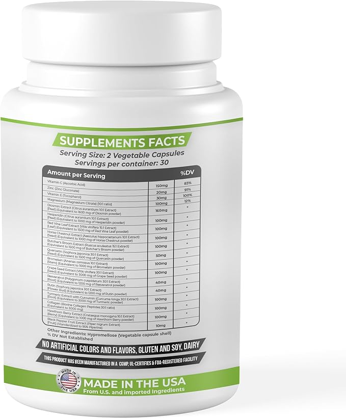Dash of Vigor 18-in-1 Diosmin Hesperidin Supplement, Quercetin with Bromelain, Zinc, Vitamin C with Rutin Supplement, Horse Chestnut Extract, Butcher's Broom Extract, USA, 60 Capsules