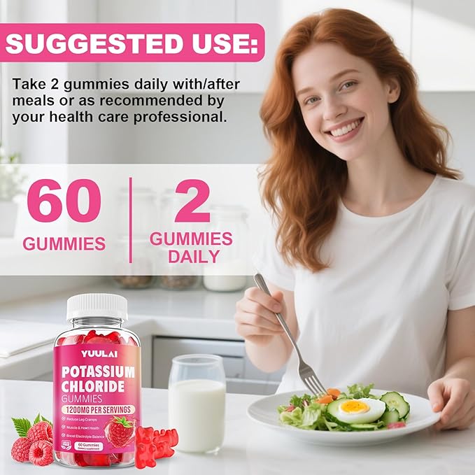Potassium Gummies, Potassium Chloride Gummies 1200mg for Adults, Sugar-Free Potassium Supplement Support Leg Cramps & Electrolyte Balance, Raspberry Flavor, 60 Count