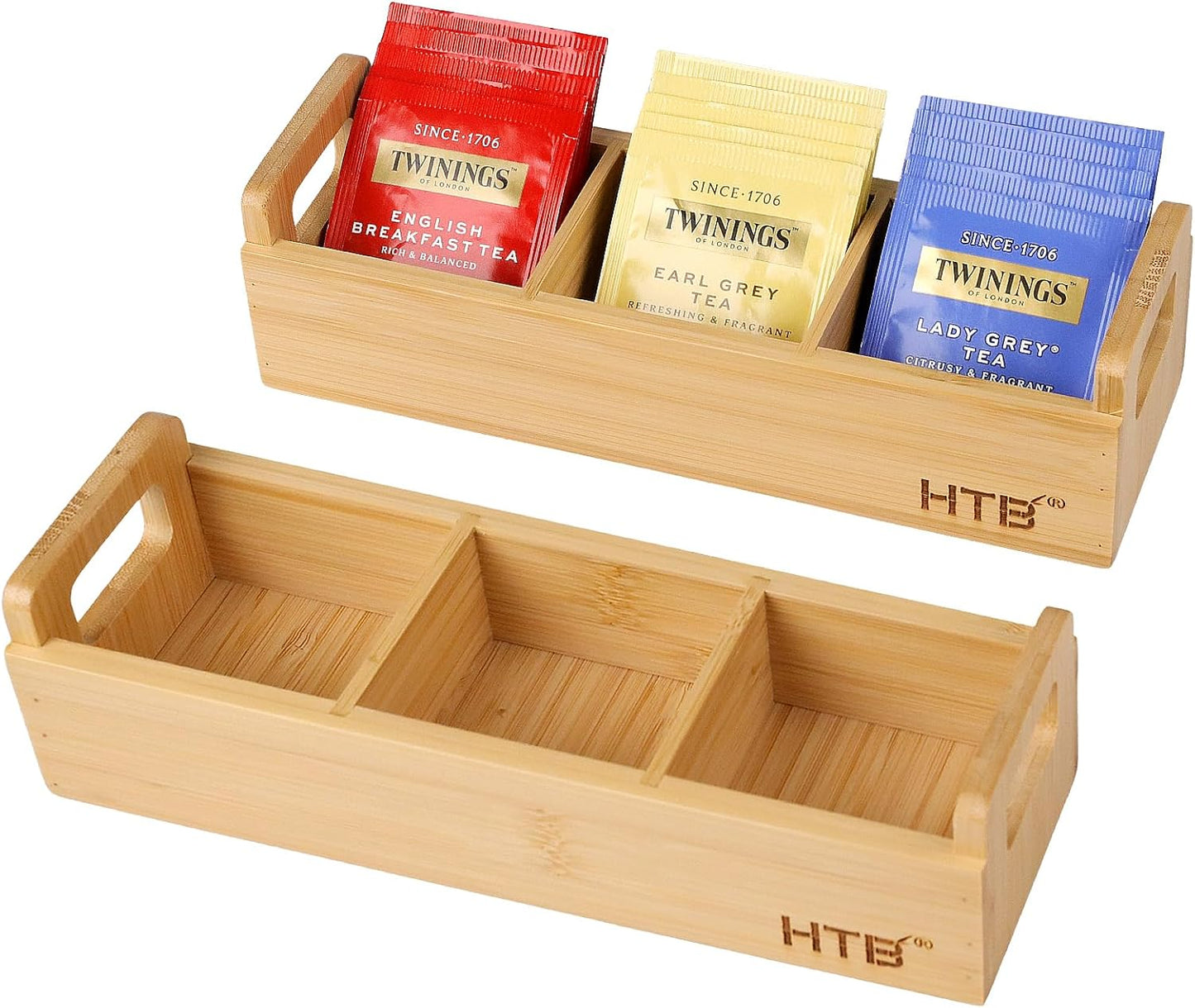 HTB Small Tea Bag Holder Pack of 2, Bamboo Tea Organizer 3 Compartments for Beverage Suppliers, Sweeteners, Individual Packets, Portable Tea Bag Organizer for Home Kitchen Counter or Office