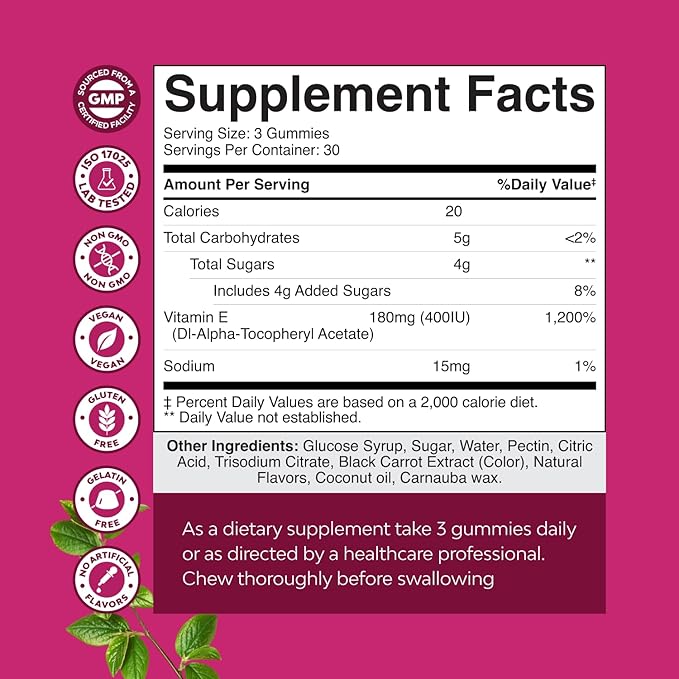 Natures Craft Vitamin E Gummies for Skin Care - High-Potency Vitamin E 400 IU Skin Supplement - Delicious & Easy-to-Take Supplement Promote Health Immune Support & Cellular Protection (2 Months)