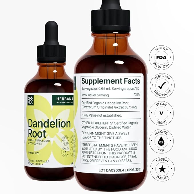 Dandelion Root 4 fl oz Liquid Extract - Natural Herbal Supplement for Cleansing, Digestive Function & Immunity - Organic Taraxacum officinale - Family Size - High Potency Drops - 90-Day Supply